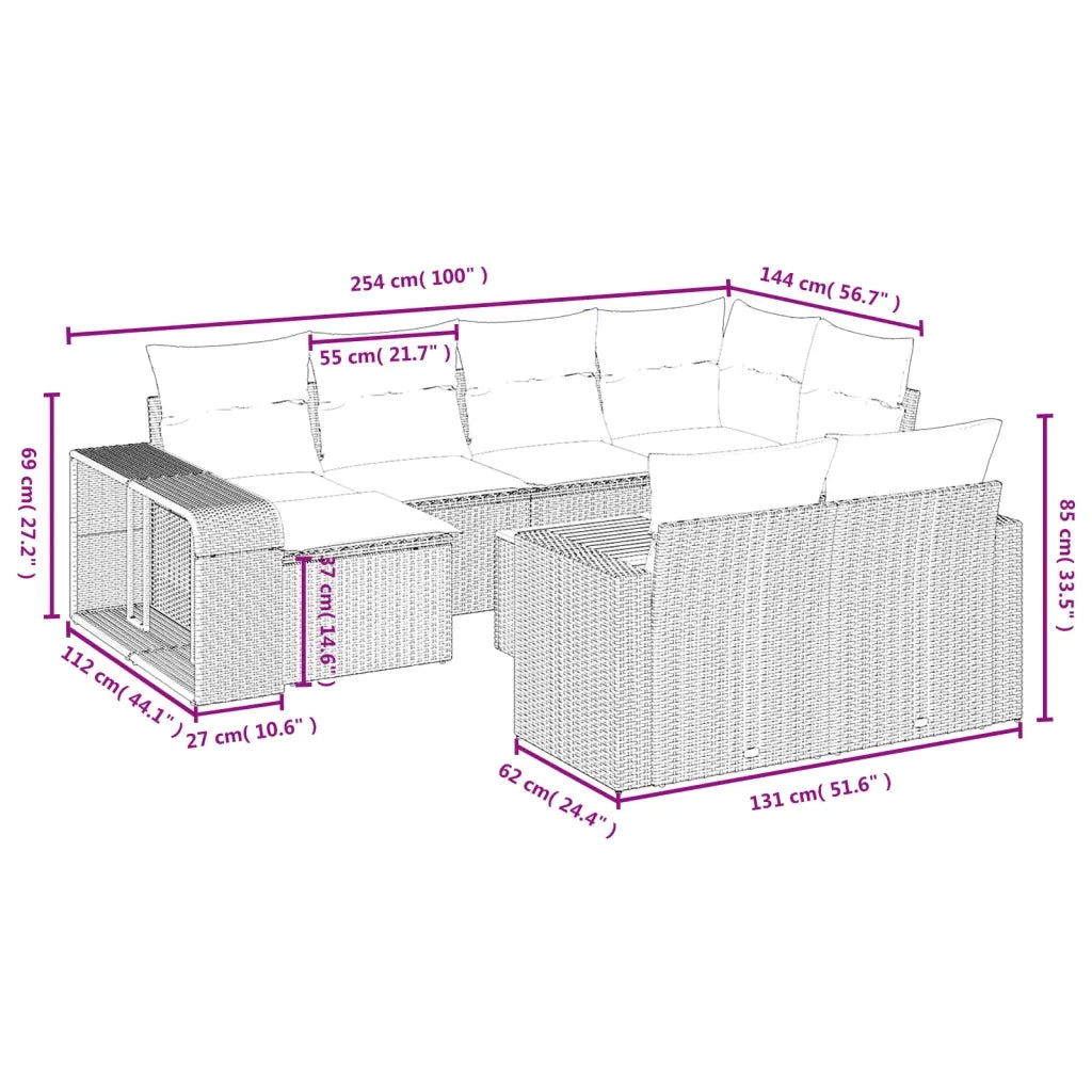 Set Divani da Giardino 11 pz con Cuscini Beige in Polyrattan 3228919