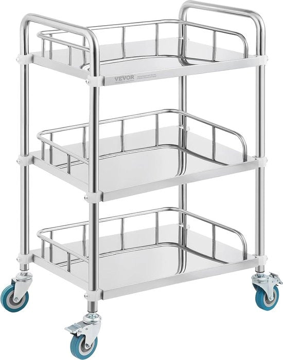 Trolley di Laboratorio in Acciaio Inossidabile con 3 Scomparti e Ruote Regolabili - Ideale per Ospedali e Laboratori