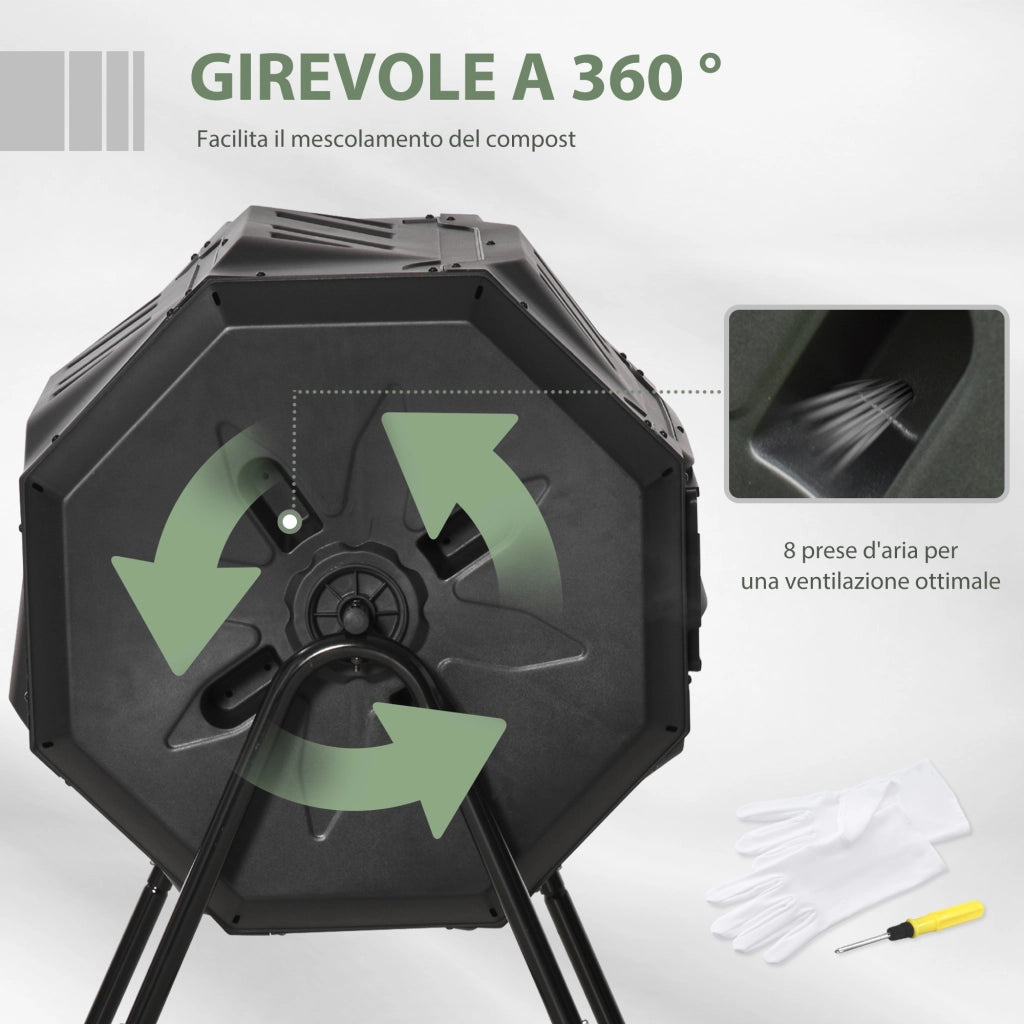 EasyComfort Compostiera da Giardino Girevole a 2 Sezioni con 8 Prese d'Aria, Compostiera Domestica in Acciaio e PP, 160 L, per Compostaggio Rifiuti Organici, 71x65x96 cm, Nero