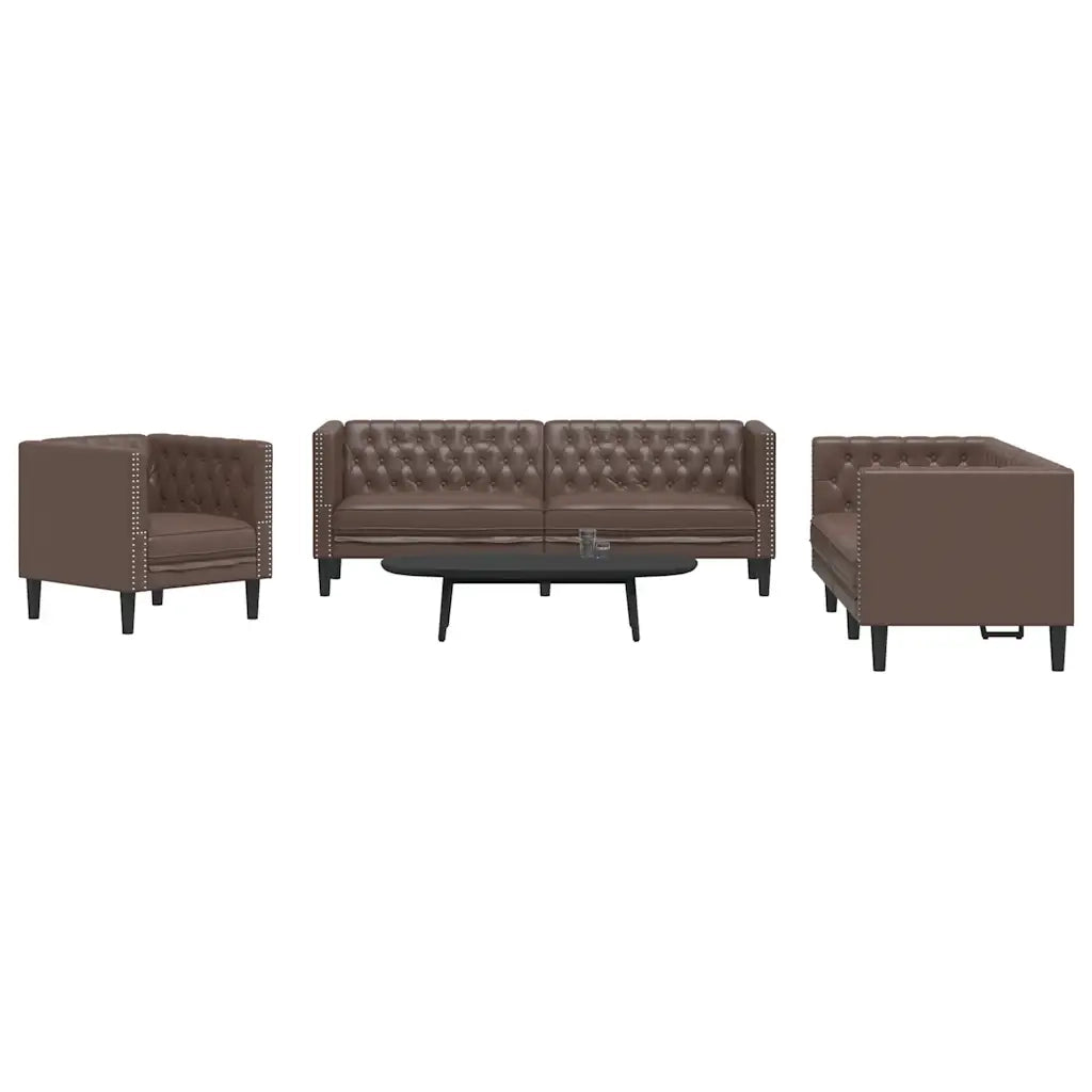 Set Divani Chesterfield 3pz Marrone in Similpelle