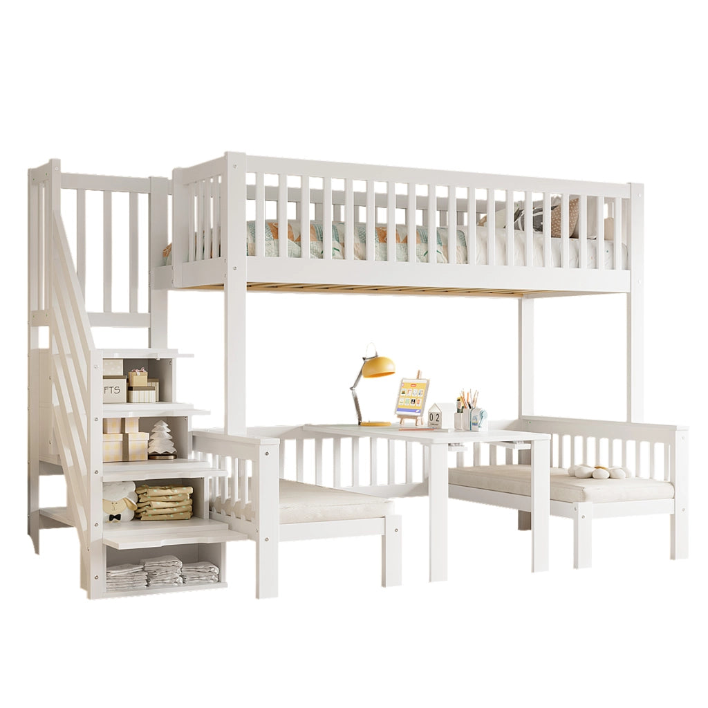 Letto a castello 90×200 cm e 120×200 cm; scala contenitore; tavolo sollevabile; senza materasso