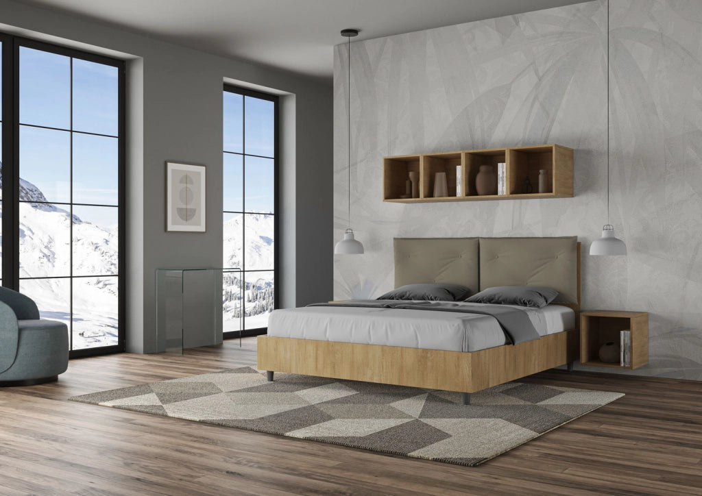 BS COM Letto matrimoniale con rete 160x190 Quercia cuscini similpelle cappuccino