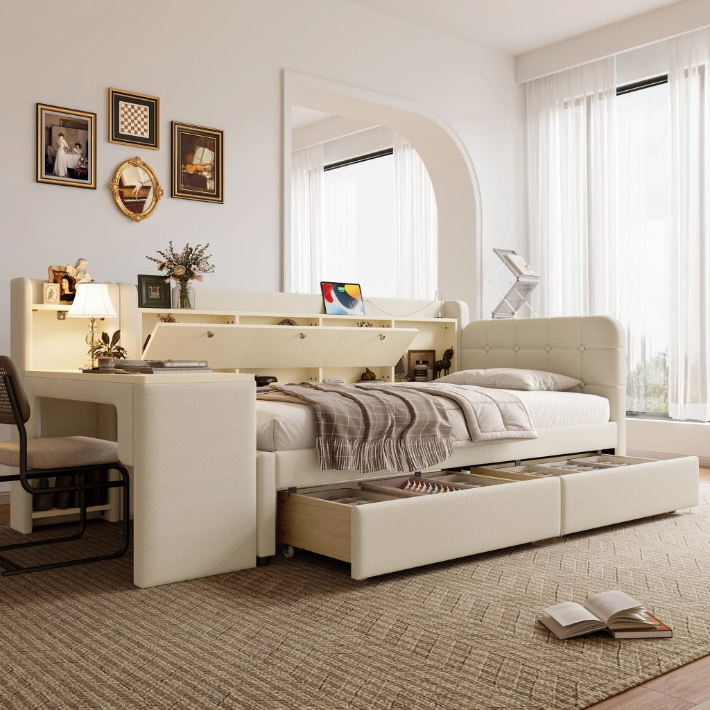 LETTO 90x200 cm in lino beige con 2 cassetti, scrivania, USB e Tipo C