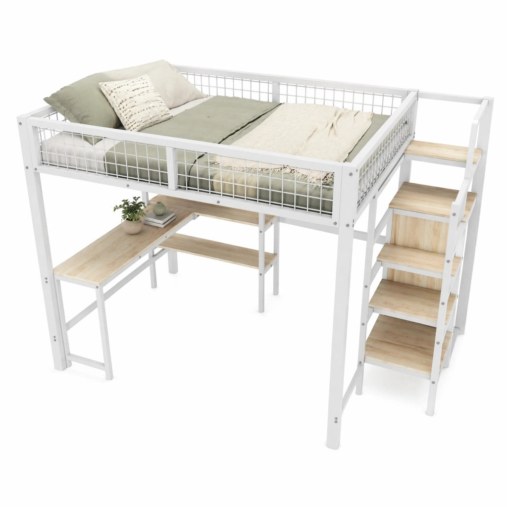 Letto a soppalco 140x200 cm in metallo e MDF, con scrivania, ripiani e armadio, bianco