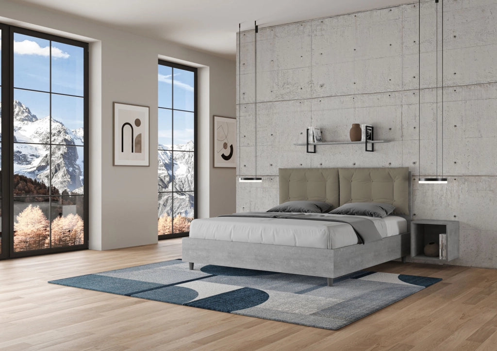 BS COM Letto matrimoniale con rete 160x190 cemento cuscini similpelle cappuccino