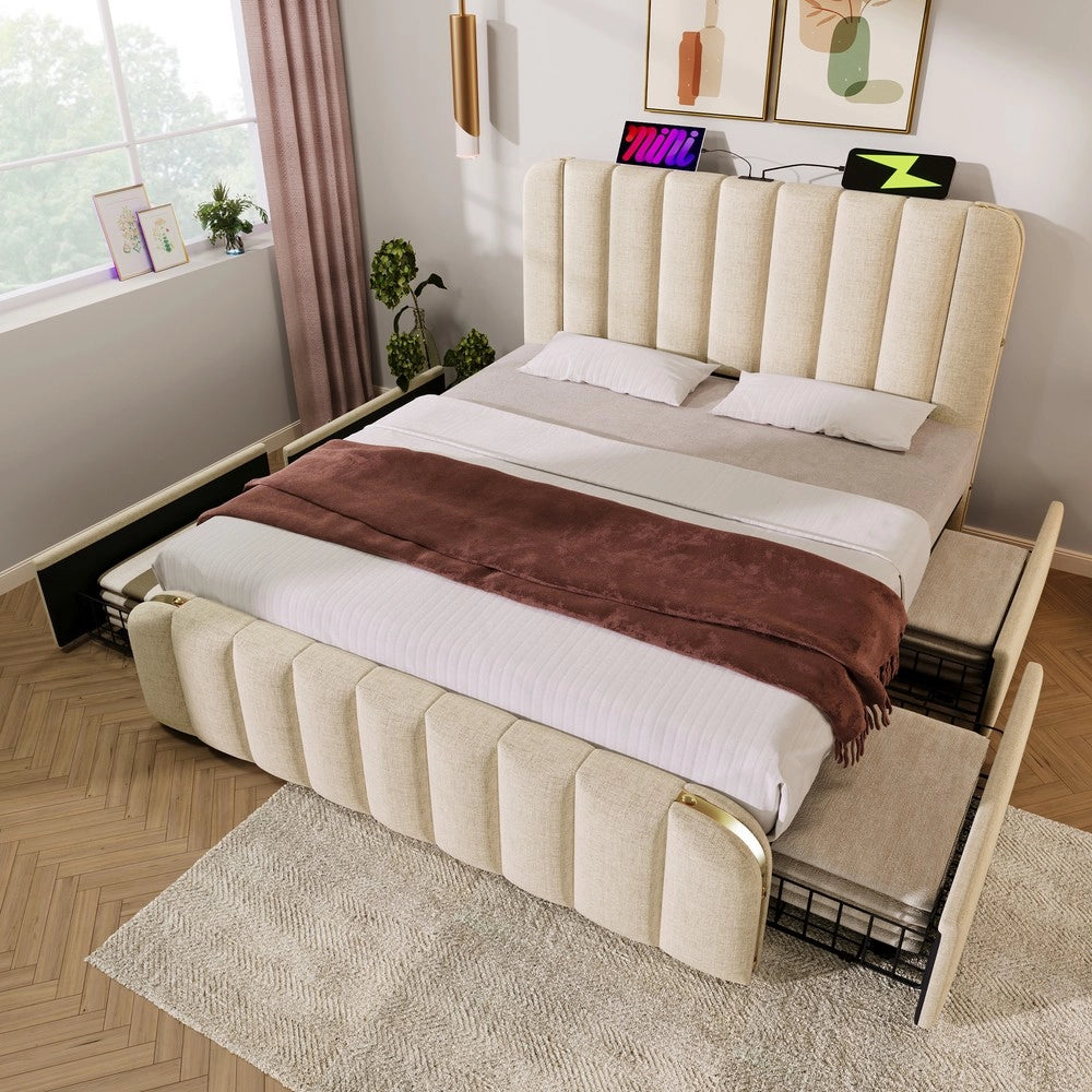 Letto Imbottito Matrimoniale con Cassetti e USB ¨C Xylo ¨C Beige, 140x200