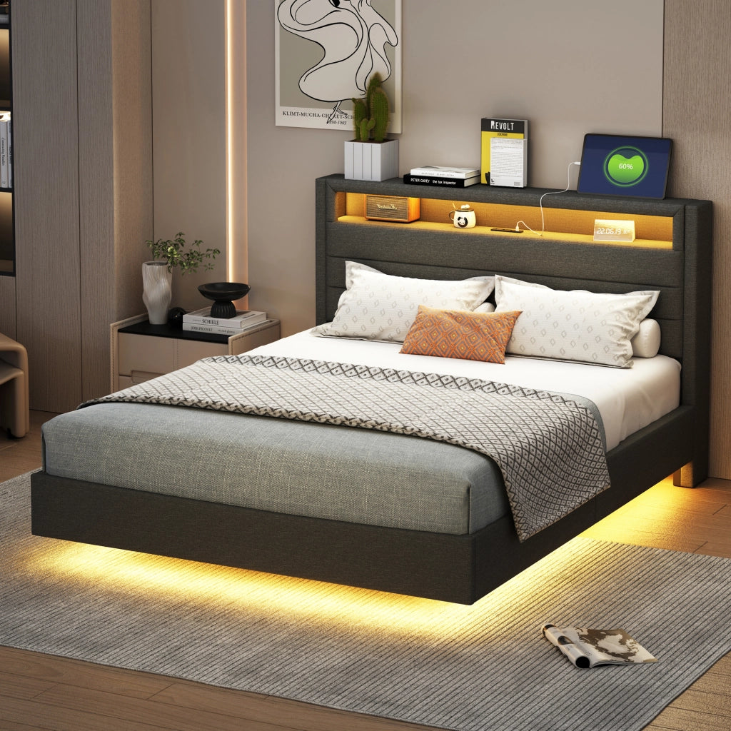 LETTO Imbottito 140x200 cm Grigio con USB e LED, rete a doghe