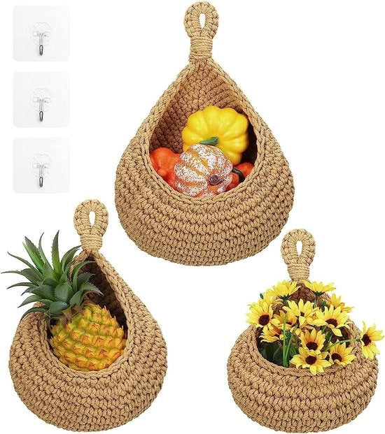 Fruitiera appesa a mano con materiali intrecciati - 3 pezzi, grucce, fruitiera per fiori, frutta, verdura - cucina e camera da letto