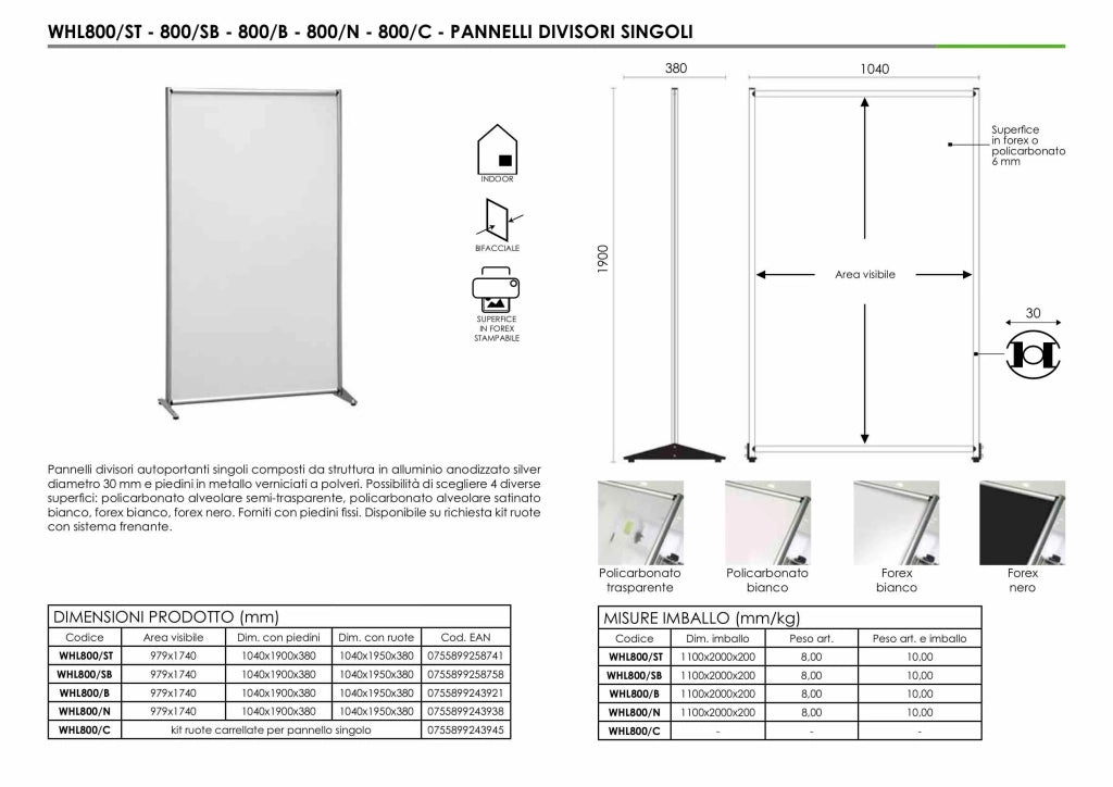 Pannello divisorio singolo in Policarbonato 100 x 190 - Semitrasparente