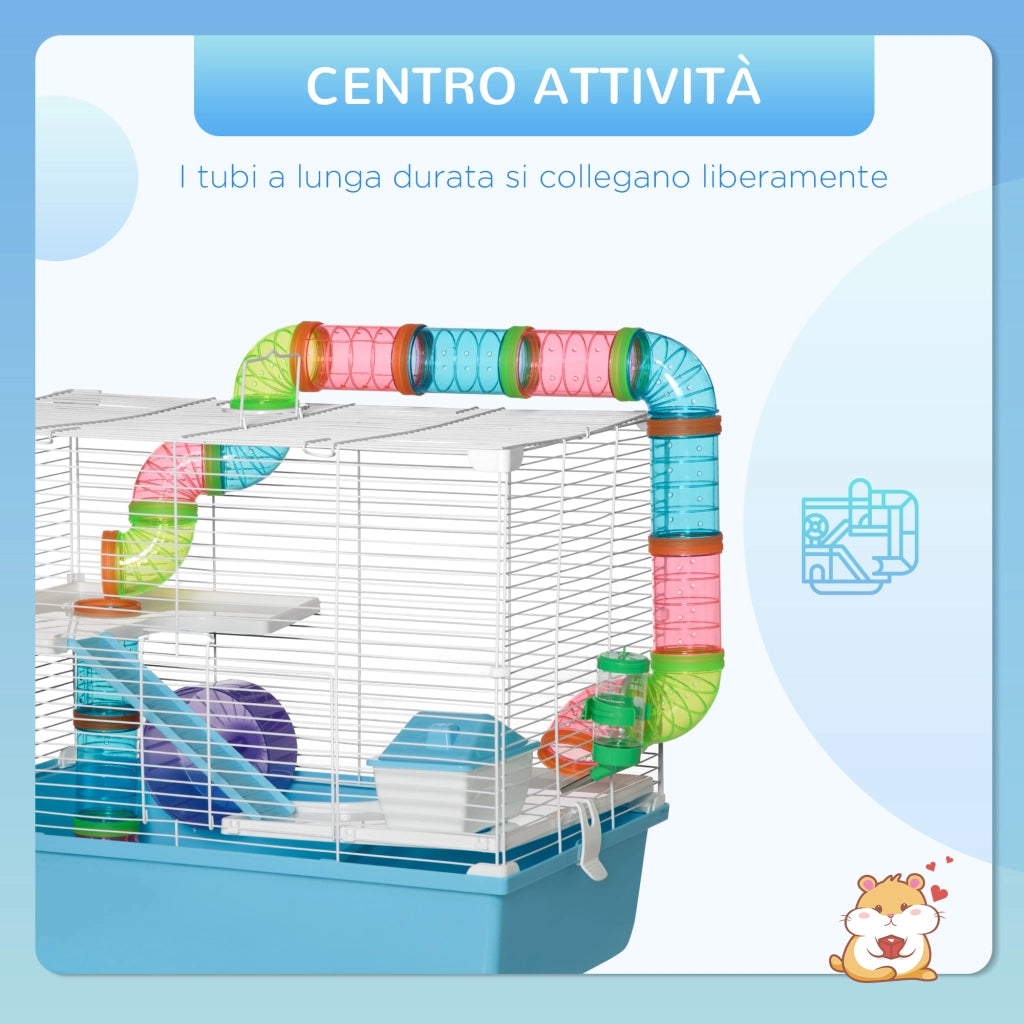 Casetta per Criceti a 3 Livelli con Tubi e Ruota ¨C Minimal ¨C 59x36x47 cm