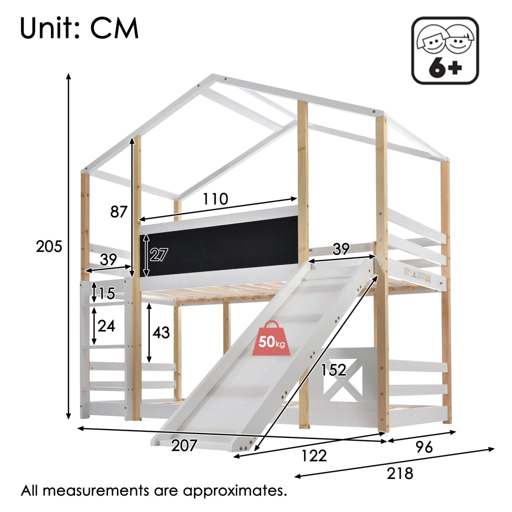 LETTO A SOPPALCO 90x200 cm Legno massello Bianco con scala e scivolo