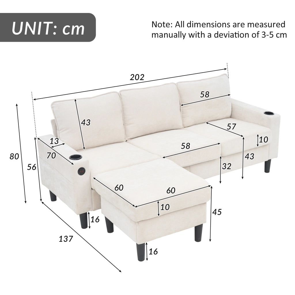 Divano angolare 3 posti beige con pouf modulare, 2 portabicchieri, USB e Type-C, 202x137x80 cm