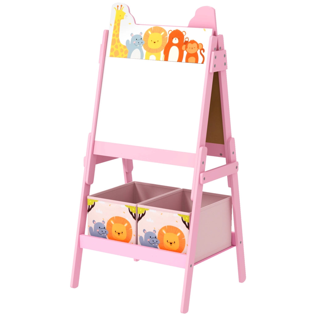 Cavalletto da Pittura per Bambini con Lavagna Doppia e 2 Contenitori in Tessuto ¨C Minimal ¨C Rosa con Stampa Animali