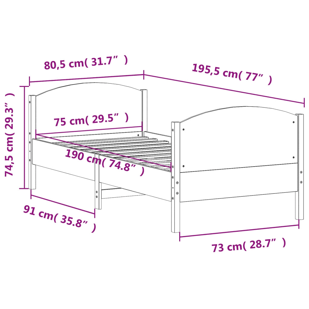 Letto singolo | Letto per adulti | Letto senza Materasso 75x190 cm in Legno Massello Pino