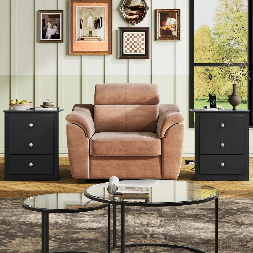 Comodino 3 Cassetti con Prese e USB ¨C Minimal ¨C 2 Pezzi, Nero