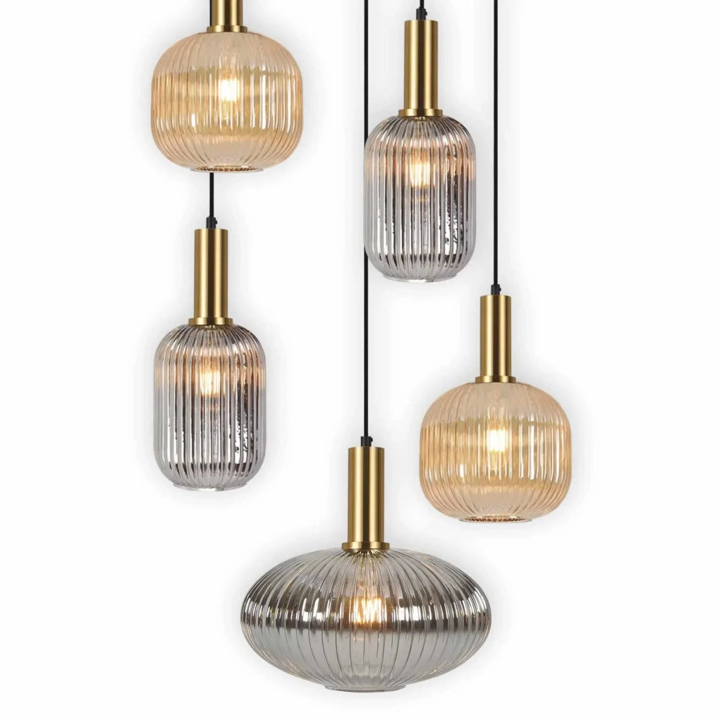 LÚZETE - LAMPADA DA SOFFITTO 5 LUCI COMBINATE PARALUMI AMBRA/FUMÉ Ø70 E27 SHELBY