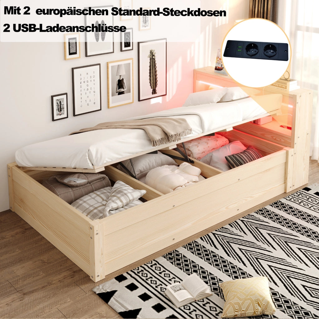 LETTO Multifunzione 90x200 cm Legno con presa e LED