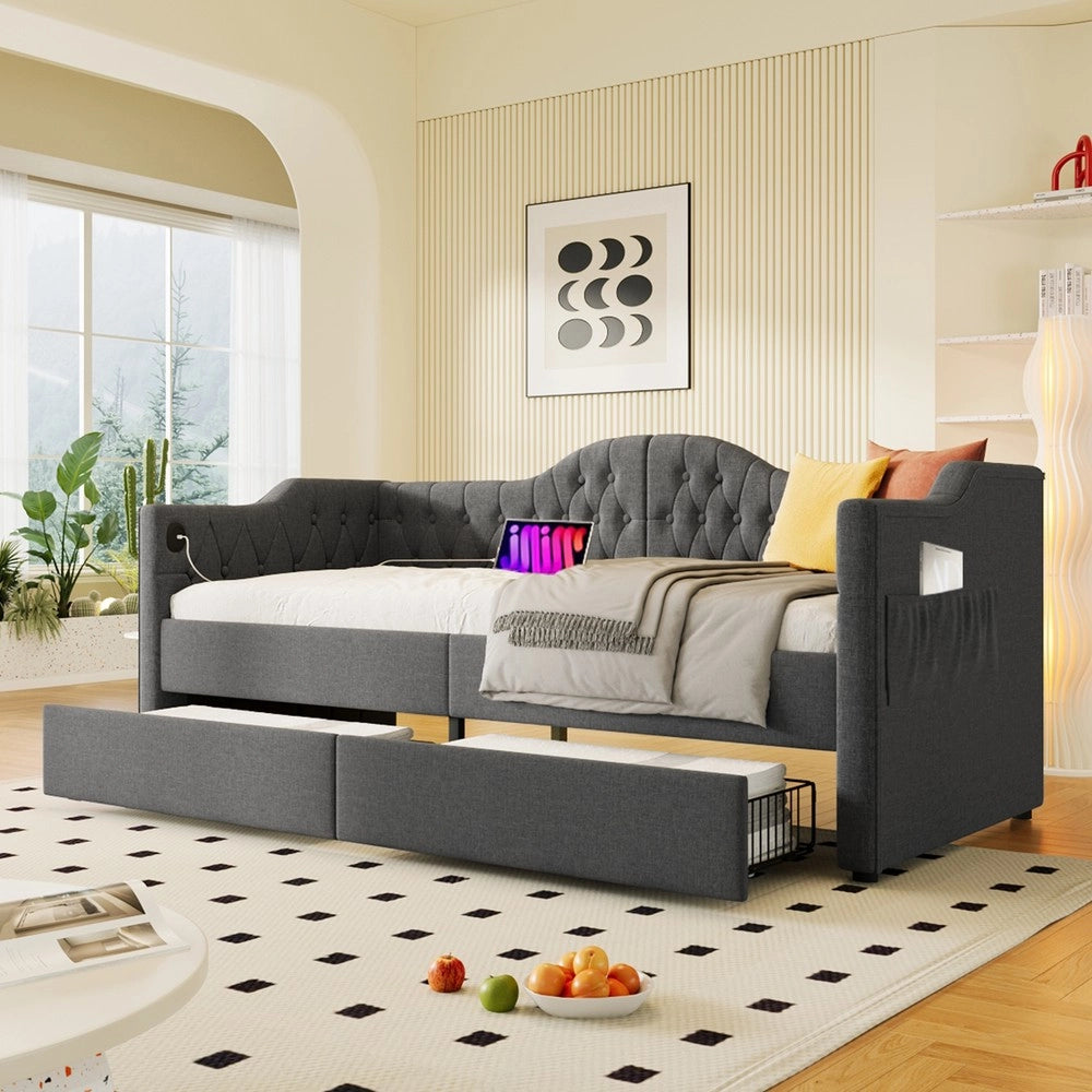 Letto Imbottito con Cassetti e USB ¨C MINIMAL ¨C Grigio, 90x190