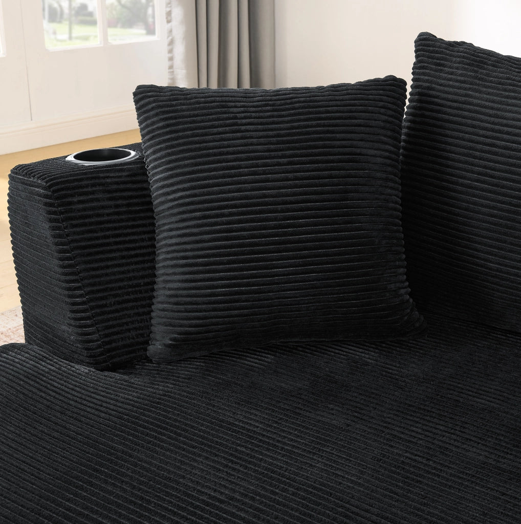 Divano 3 posti dal design curvo in velluto a coste nero; con portabicchieri e cuscini