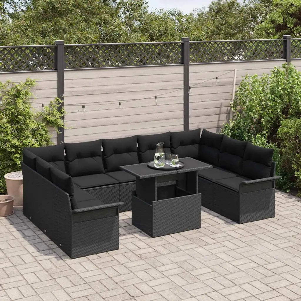 Set Divano da Giardino con cuscino 10 pcs Nero Poly Rattan