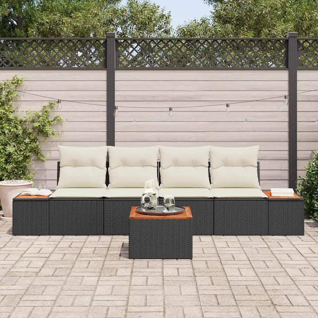 Set Divano da Giardino con cuscino 5 pcs Nero Poly Rattan