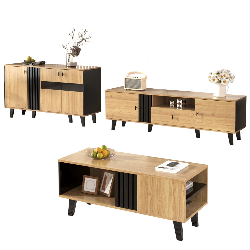 Beistellschrank - Zephmum- Combinazione nero legno vetro LED