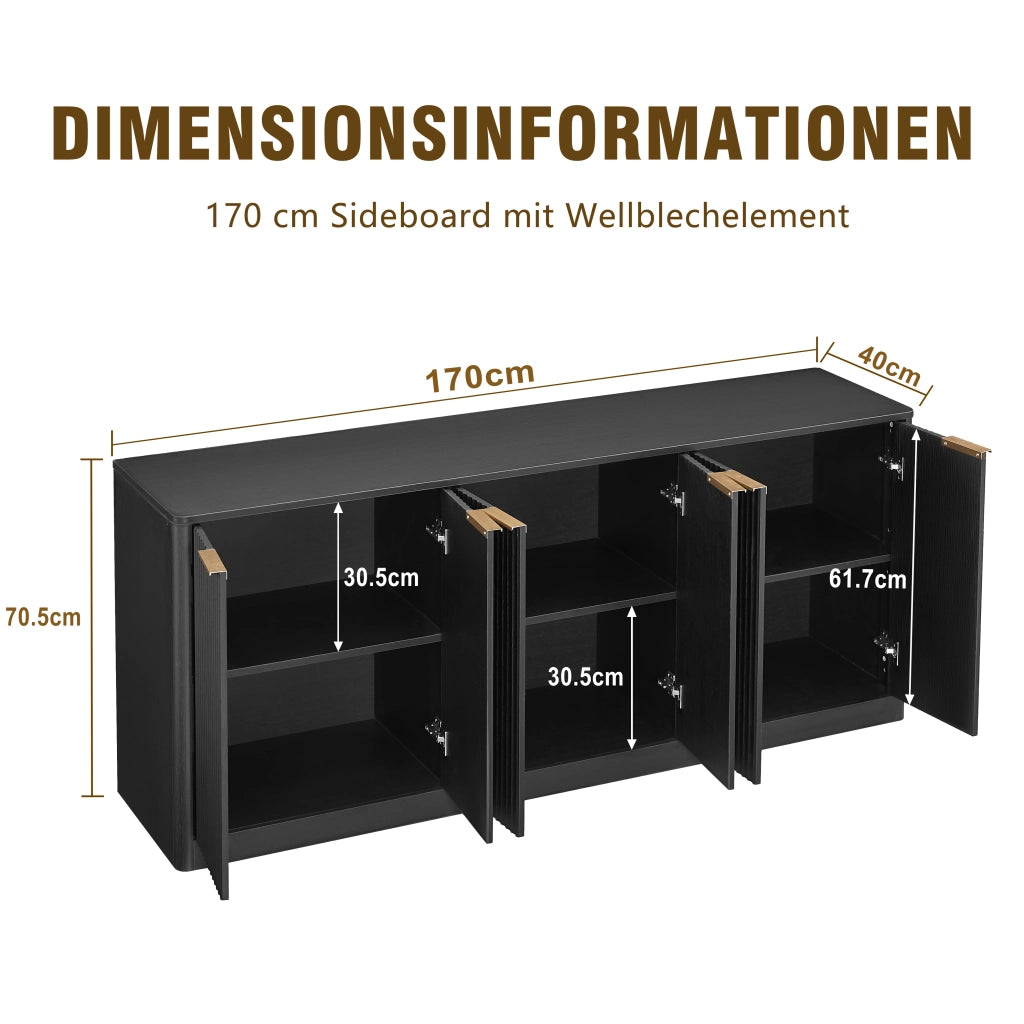 Credenza moderna 170cm - Zephmum- Design a onde, 6 ante, nero