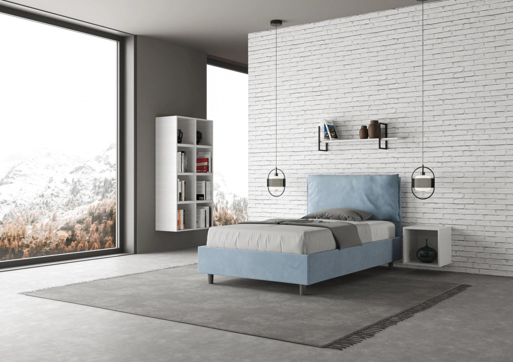 BS COM Letto una piazza e mezza con rete imbottito 110x190 microfibra azzurro