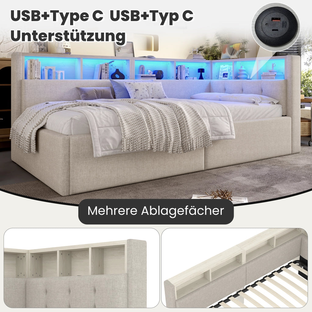 LETTO DAYBED 90x200 cm in lino beige con LED, USB e vano contenitore