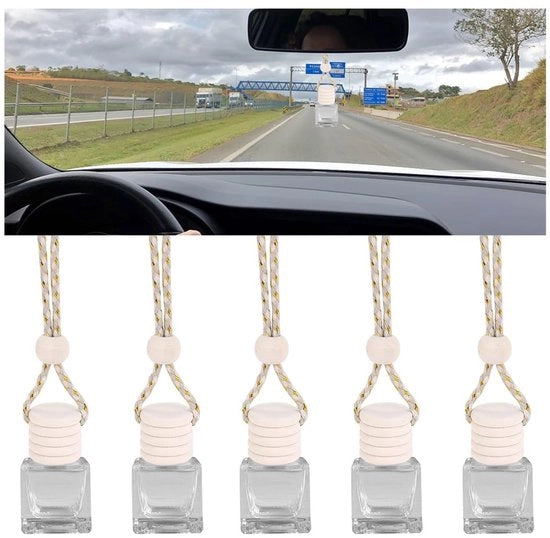 Set di Fiale per Parfum Vuote - 5 pezzi - Diffusore di Aria per Auto - Diffusore Aromaterapico - Diffusore di Olfatto - Boccetta in Vetro - Translucida con Stop in Legno