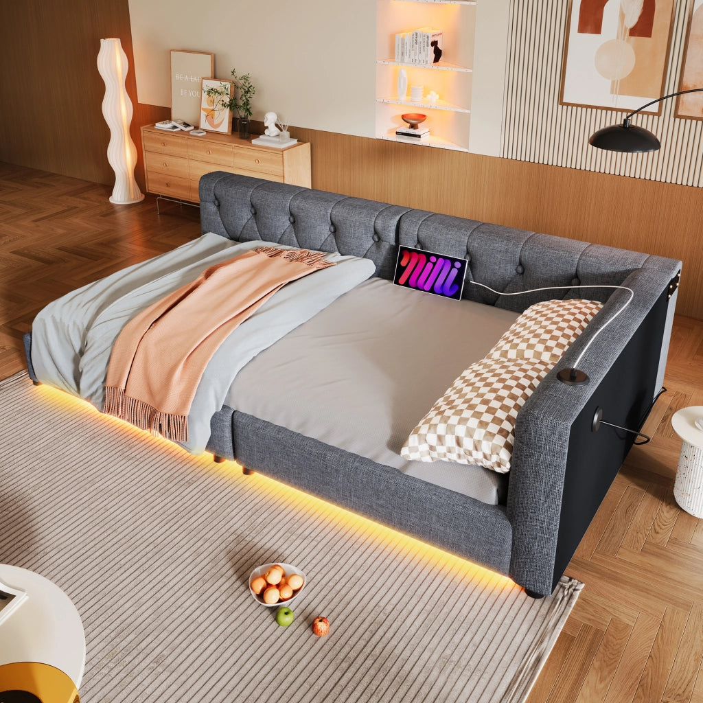 Letto divano con rete a doghe in lino grigio 90x200 cm