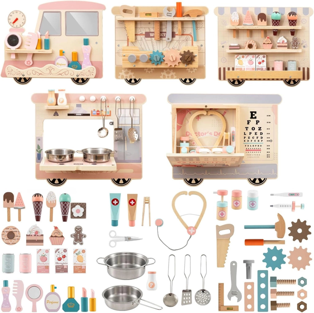 5 in 1 Pannello Sensoriale in Legno per Bambini, Busy Board con Vanity, Cassetta degli Attrezzi, Cucina Giocattolo, Kit del Dottore e Bar, Giocattolo Montessori per Sala Giochi e Asilo