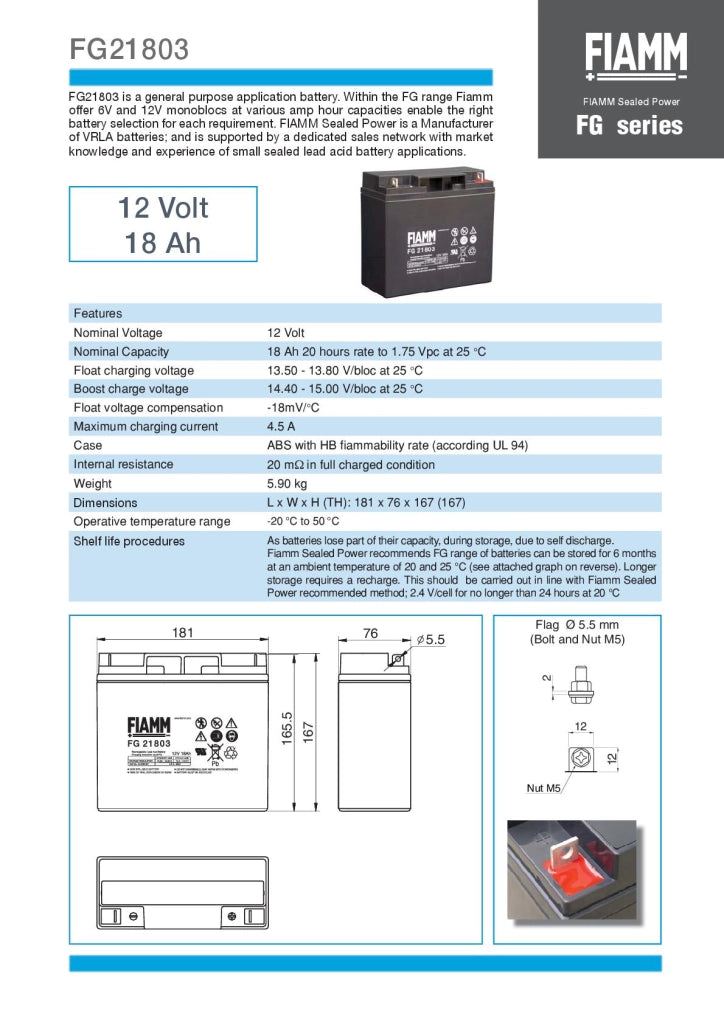 BATTERIA AL PIOMBO FIAMM FG21803 12V 18A PIOMBO fg21803 18AH 18Ah UPS AVVIATORE JUMP START