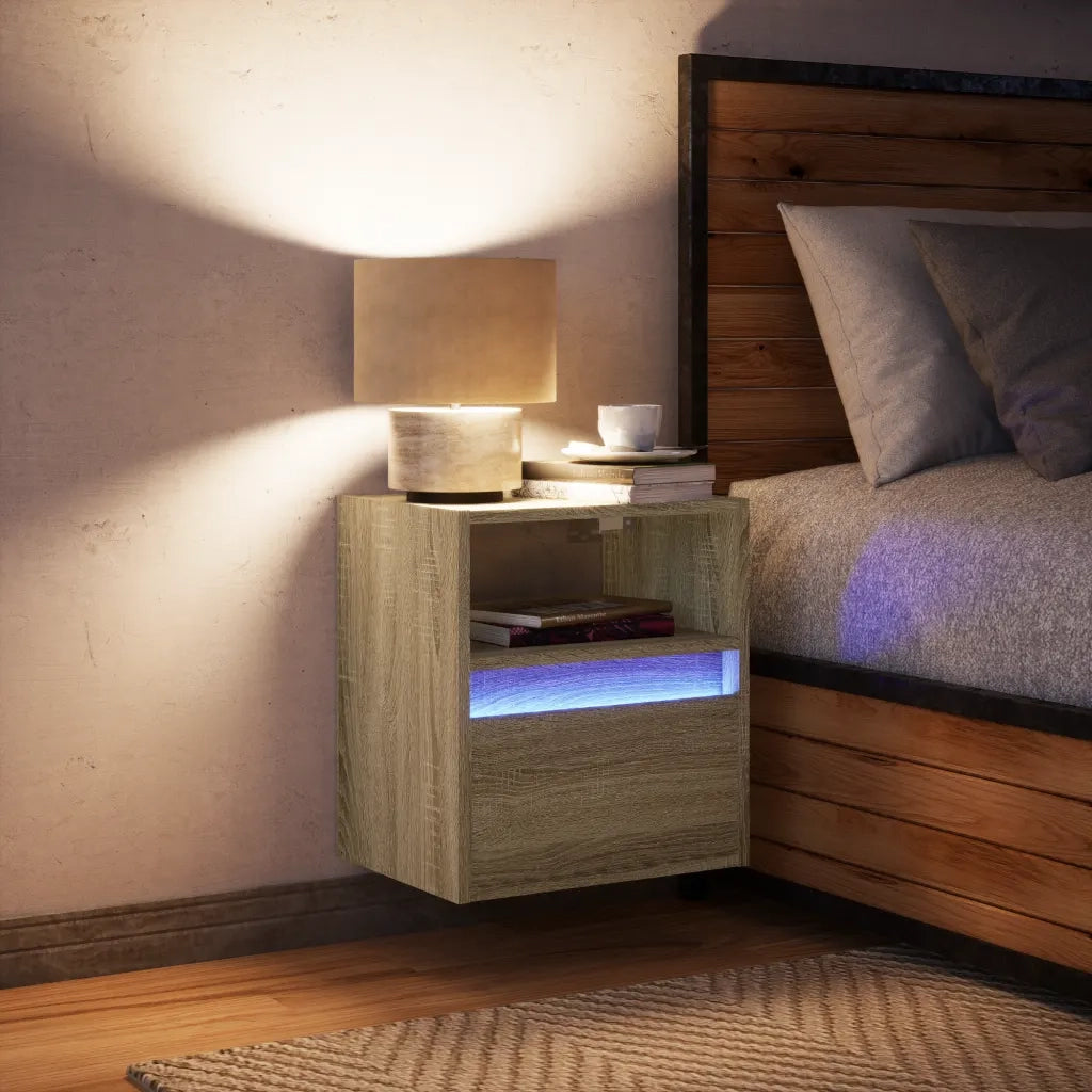 Comodino a Parete con luci LED Rovere Sonoma 3307979