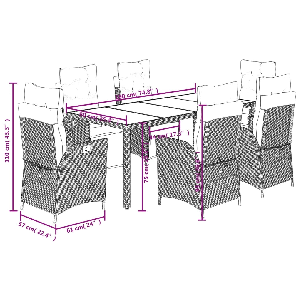 Set da Pranzo da Giardino 7 pz Nero con Cuscini in Polyrattan 3213064