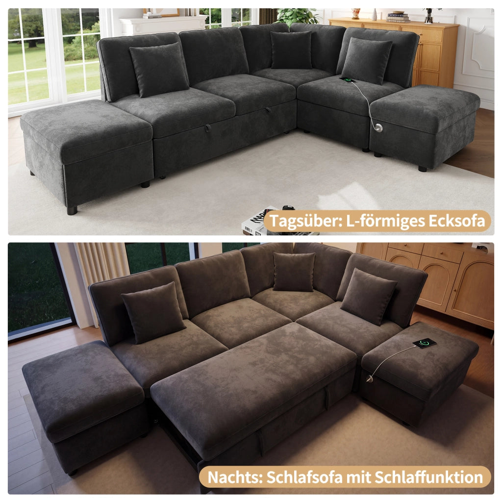 SOFA ANGOLARE MODULARE 247,5x172x87 cm in chenille grigio, con 2 pouf e 3 cuscini