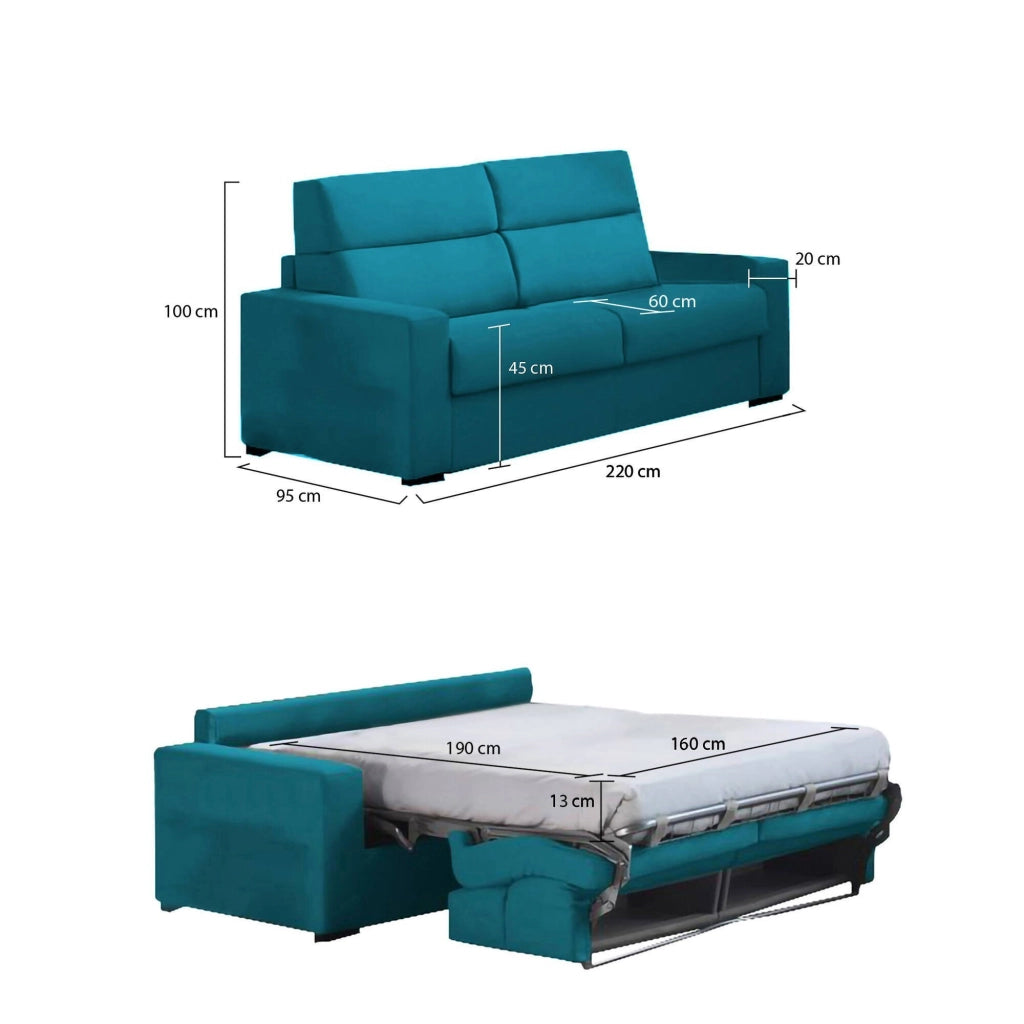 Marcon, Divano Letto 3 Posti Sfoderabile Made in Italy, 220x95 cm Azzurro