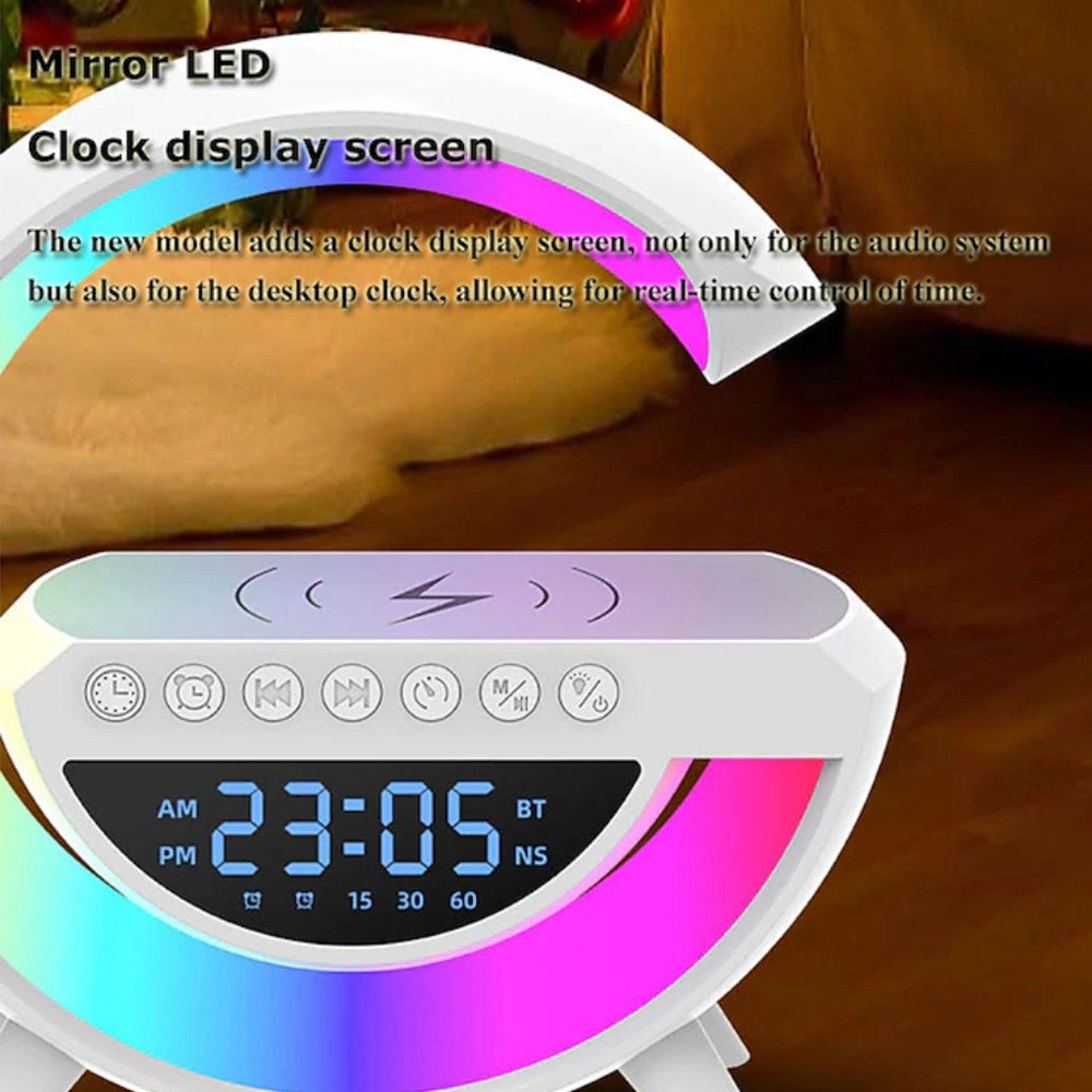 Trade Shop - Lampada Led Caricabatteria Wireless Cassa Speaker A Forma G Con Sveglia Display -