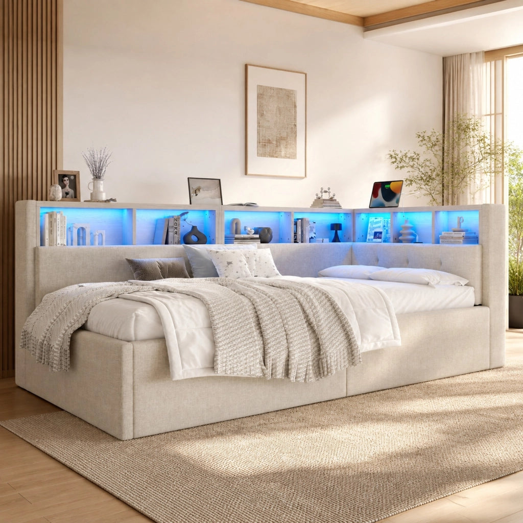 LETTO DAYBED 90x200 cm in lino beige con LED, USB e vano contenitore