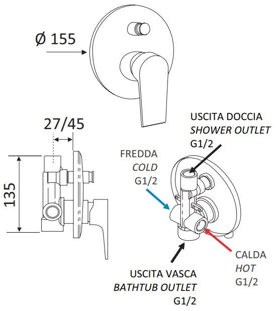 Miscelatore incasso doccia con deviatore Rubinetterie Mariani linea Artic Cromato