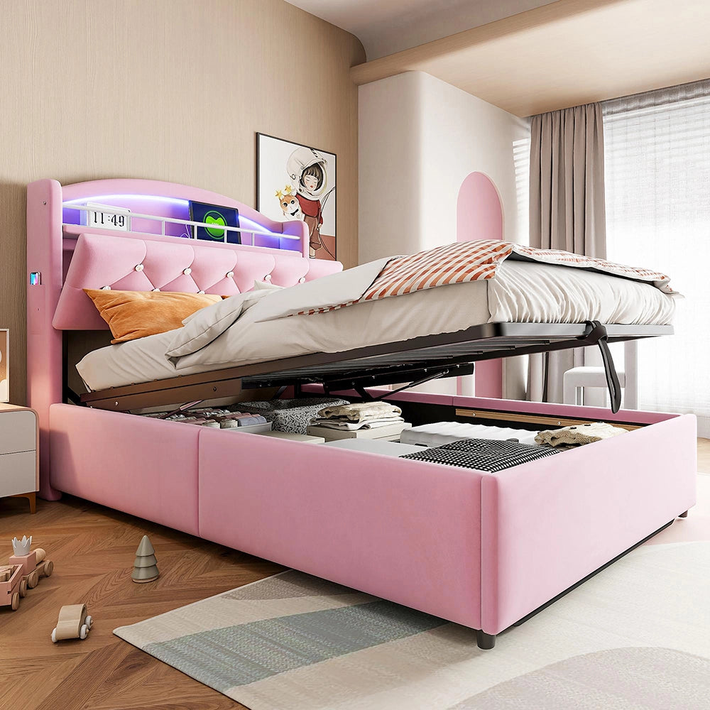 Letto bambino-Xylo-90x200 cm-LED, USB, spazio idraulico, velluto rosa