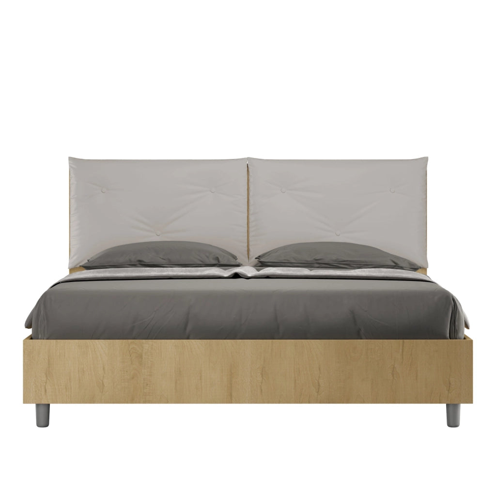 BS COM Letto matrimoniale con rete 160x190 Quercia cuscini similpelle tortora