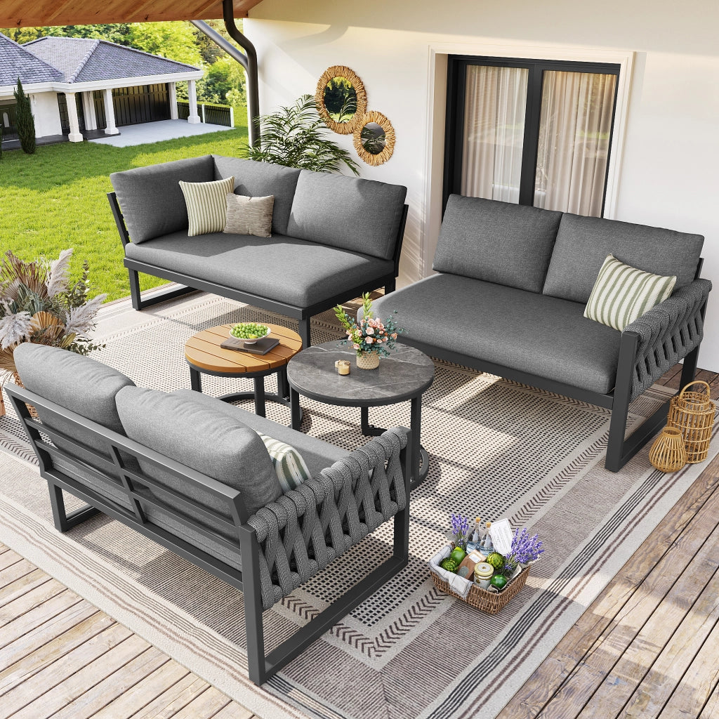 Set divano da giardino modulare 5-6 posti con tavolini; cuscini sfoderabili; grigio