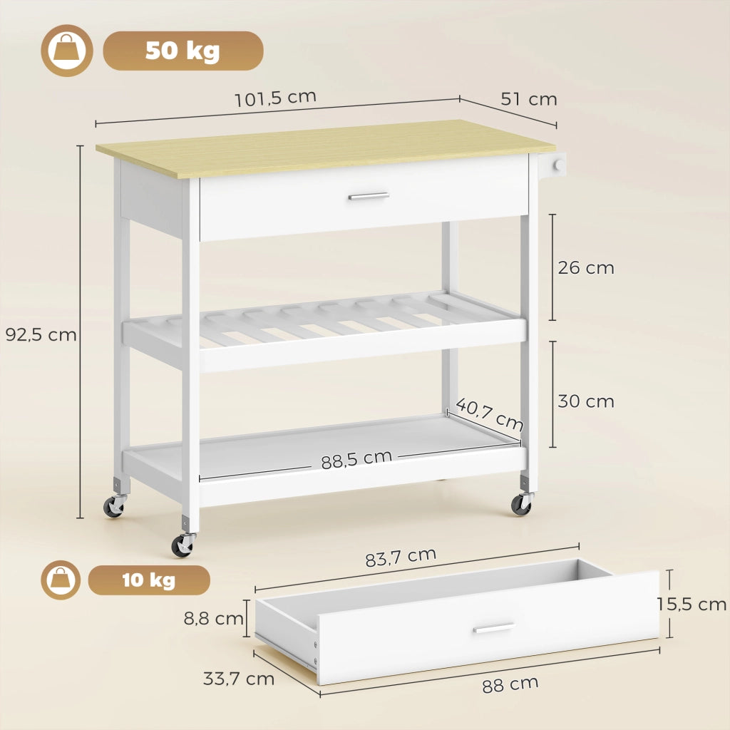 Carrello cucina con ruote ¨C Xylo ¨C piano lavoro, cassetto, ripiani, portasciugamani, bianco