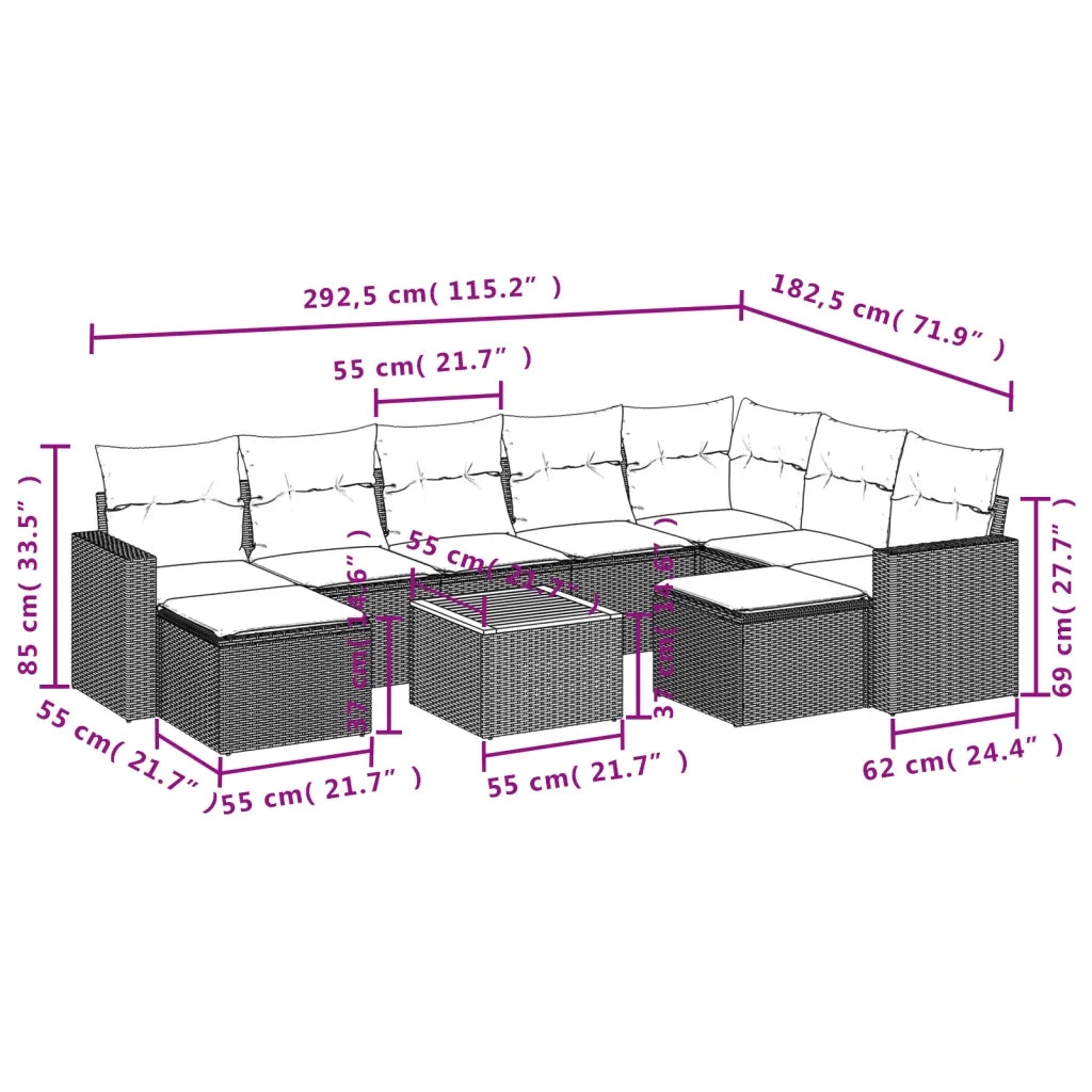 Set Divano da Giardino 10 pz con Cuscini Beige in Polyrattan 3224407