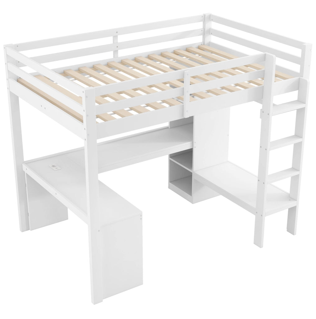 Letto a soppalco 140x200 cm con scrivania integrata; ripiani LED e USB; bianco