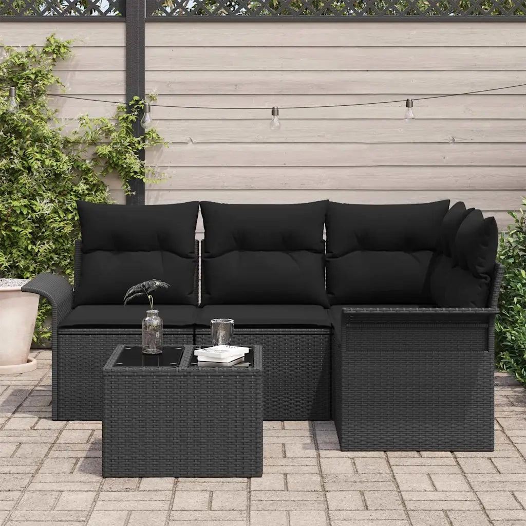 Set Divano da Giardino con cuscino 5 pcs Nero polyrattan