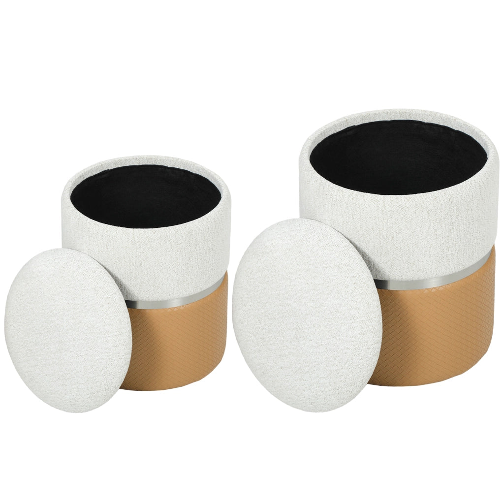 Set 2 Pouf Contenitore ¨C Xylo ¨C Rivestimento Chenilla e Similpelle Marrone e Crema