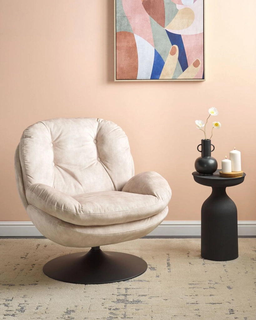 Poltrona girevole Velluto beige Base singola con sedile imbottito Button Tufted