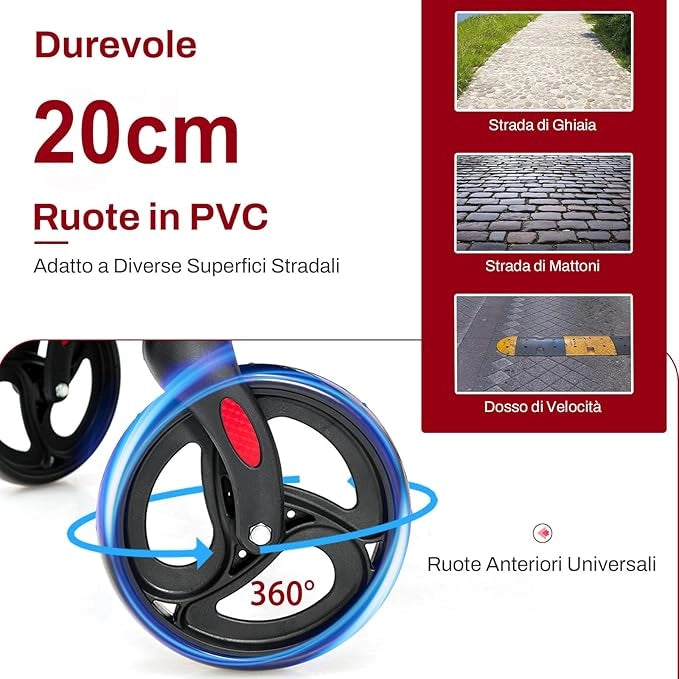 Deambulatore 2 in 1 per Anziani in Alluminio, Rollator Pieghevole e Regolabile in Altezza con Sedia, Schienale Reversibile, Manici Regolabili, Ruote, Poggiapiedi e Borsa Rimovibile (Rosso)